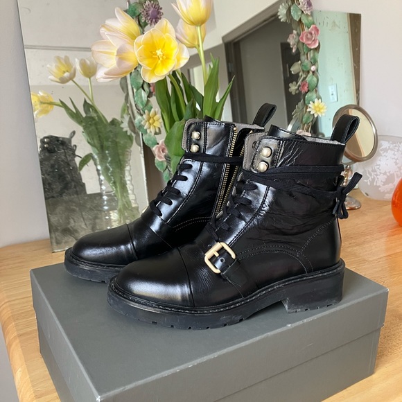 All Saints Black Donita Ankle Boot With Brass Buckle Size 7 - Picture 12 of 12